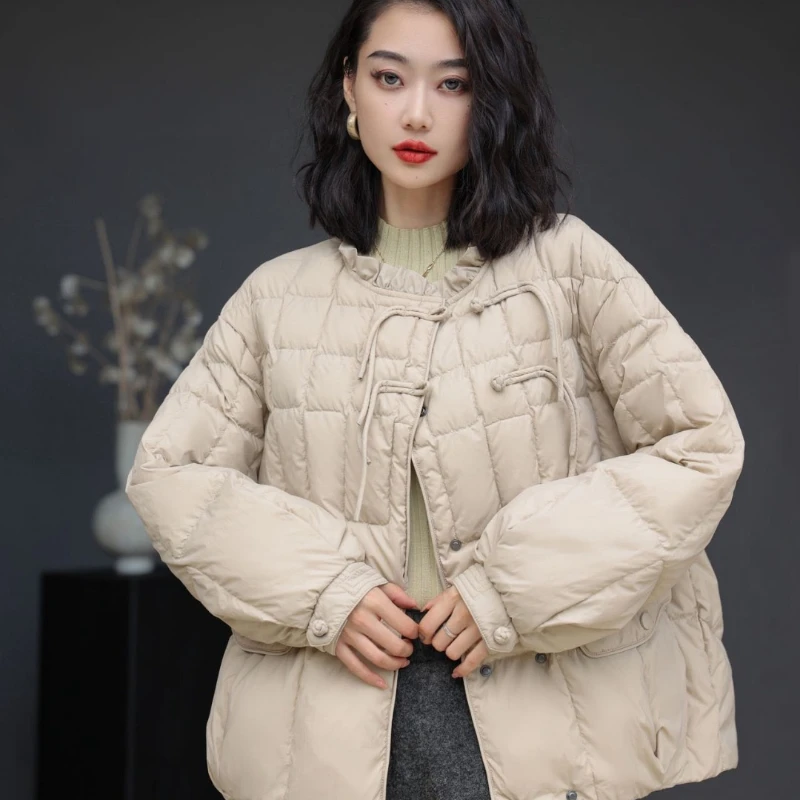 Short Down Jacket for Women, Retro Disc Buckle, Wooden Ear Collar, Lantern Sleeve, Casual Parka Coat, Winter Coat, New, 2024