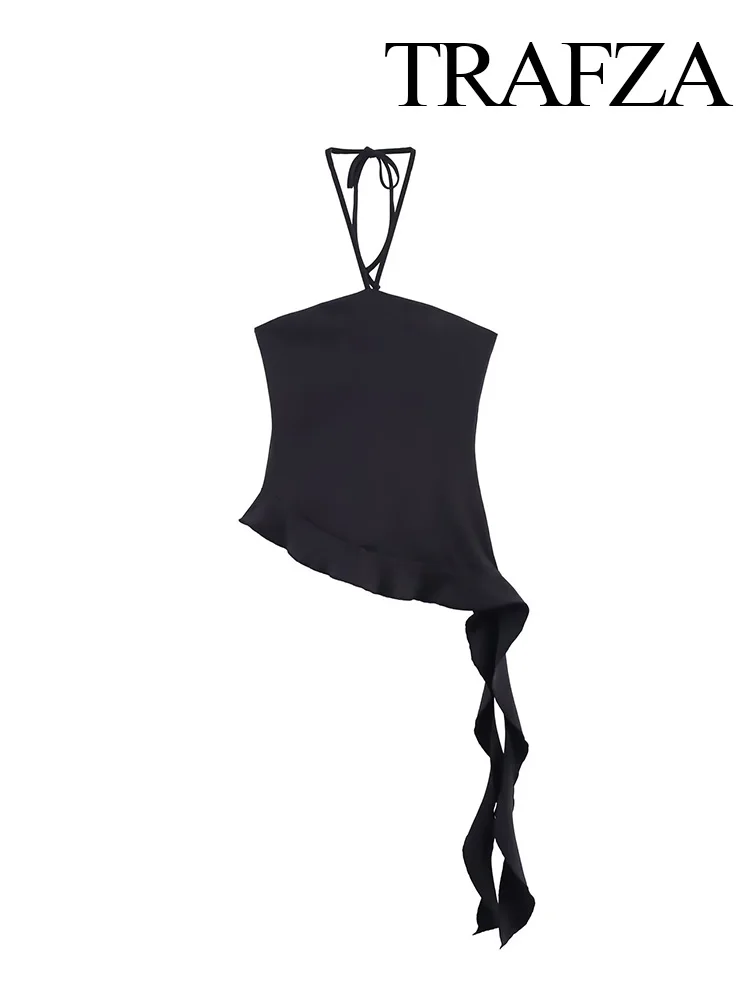 

HH Woman Fashion Solid Backless Laminated Decoration Neck Halter Texture Tops Women Summer Asymmetry Sleeveless Sexy Tops