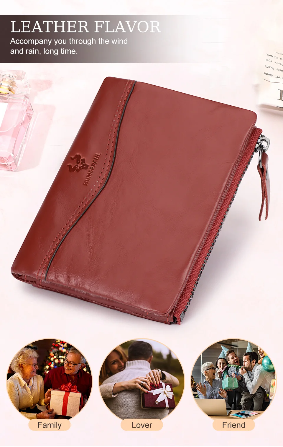 HUMERPAUL Klassische Geldbörse aus genarbtem Leder, zweifach faltbar, Kreditkartenetui, schmale Herren-Clutch mit Münzfach mit Reißverschluss, Qualität – Detail 1