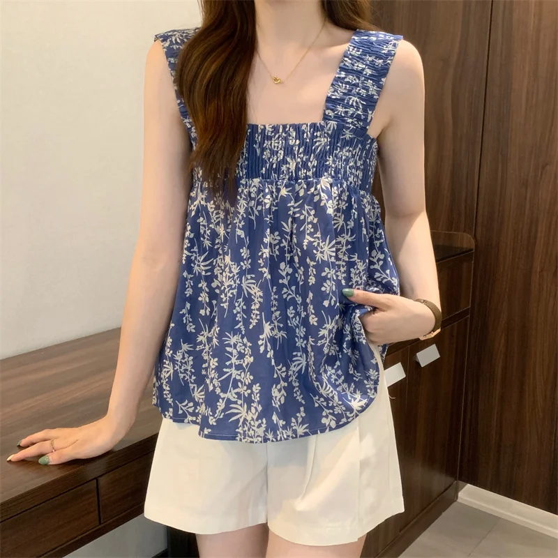 Korean Summer Floral Camisole Women Sleeveless Sling Square Neck Loose Doll Tank Tops