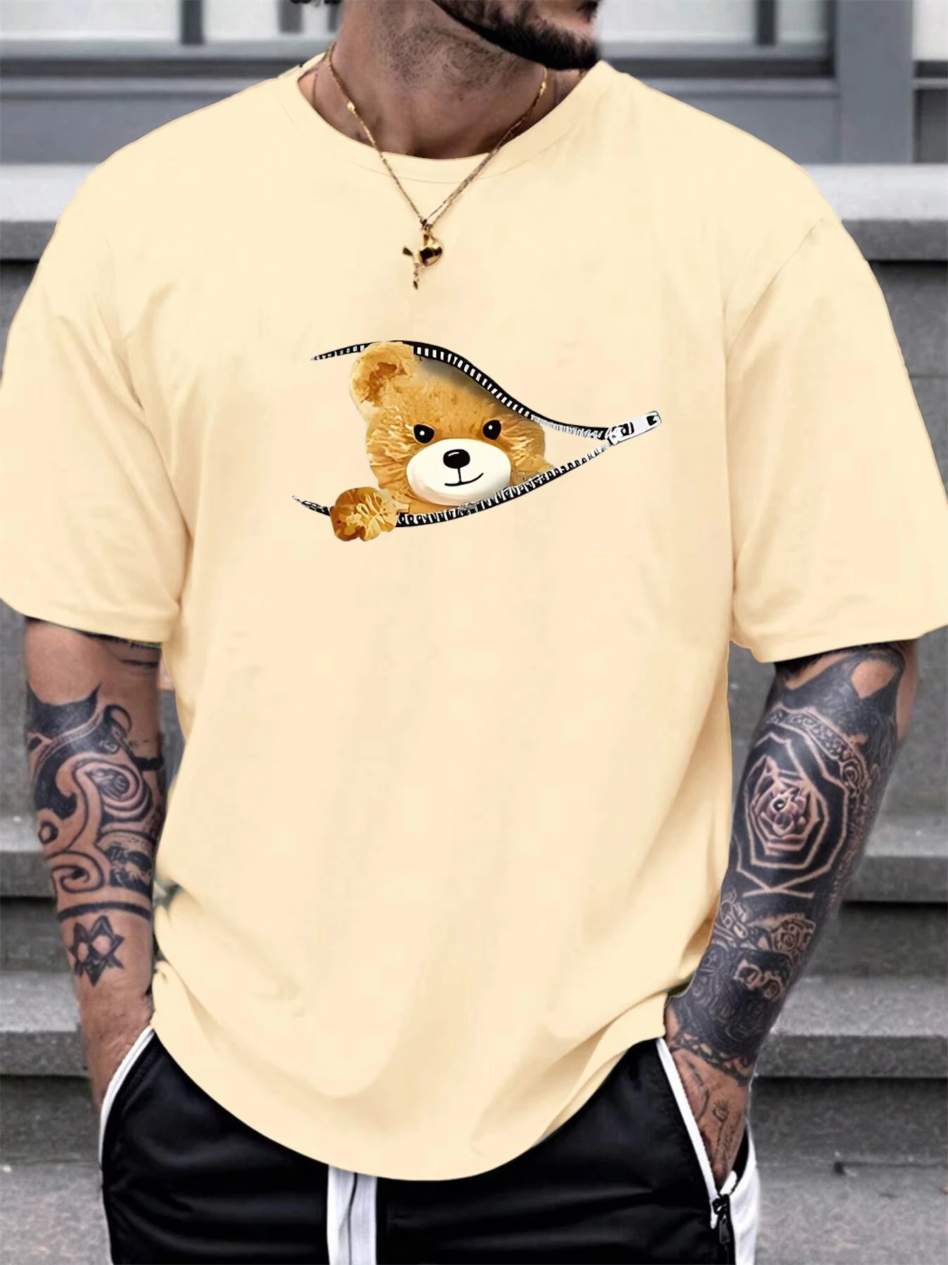 100% Cotton men's T-shirt Summer Loose Fitting Casual Tops Stylish Bear Pattern Print Comfortable Round Neck Short Sleeved