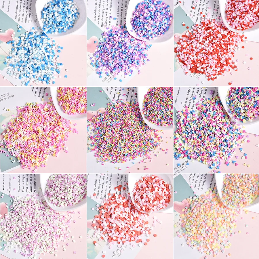 100g Star Heart Polymer Hot Clay Sprinkles dla szlamu fałszywe narzędzie do dekoracji ciast rzemiosło DIY Tiny śliczne plastikowe klei błoto cząstki