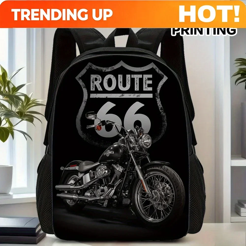 Custom Bag 1pc Route 66 Motorcycle Route Americana Backpack - Vintage Motorcycle Design With Route 66 Signs, Lightweight Zipper