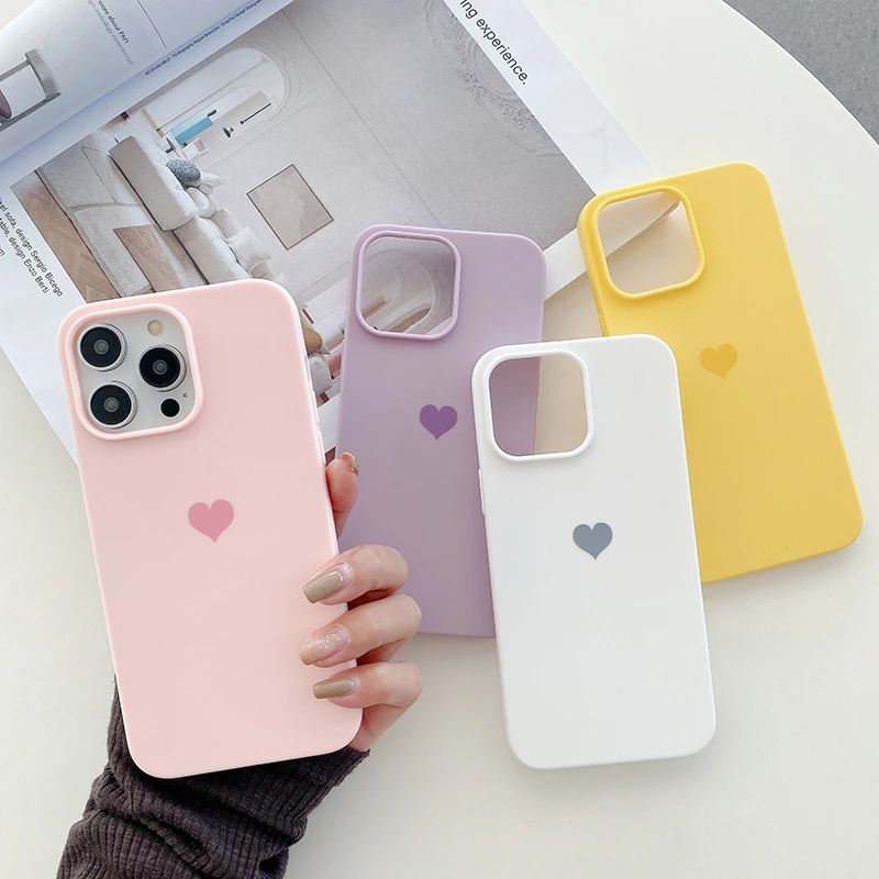 Matte Candy Color Love Heart Soft Case For iPhone 15 14 13 12 11 Pro Xs Max 8 7 Plus X Xr SE Frosted Back Cover Silicone Shell