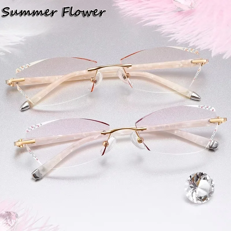 

Prescription Glasses Elegant Eyewear Women Rimless Eyeglasses Frames Tint Color Diamond Trim Reading Titanium Spectacles