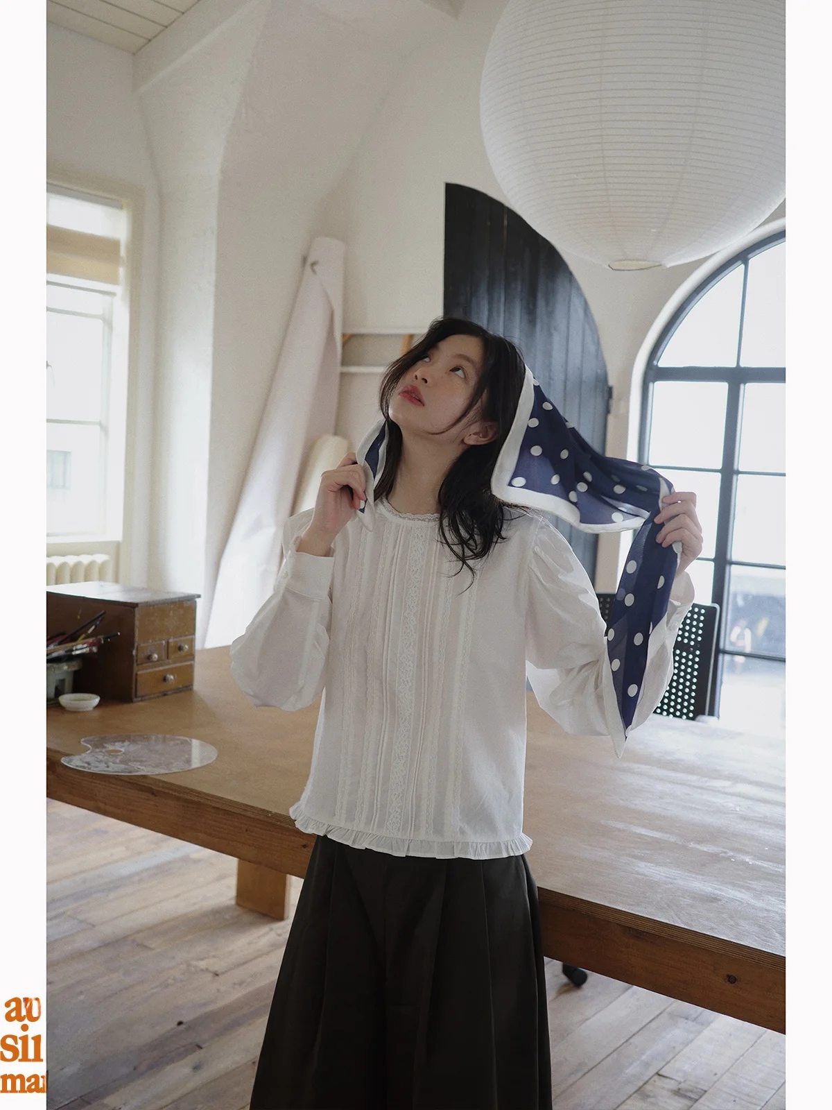 

Женский хлопковый топ с длинным рукавом и круглым вырезом, с кружевными рукавами-фонариками, в стиле ранней осени, от CRCHILD Bookstore