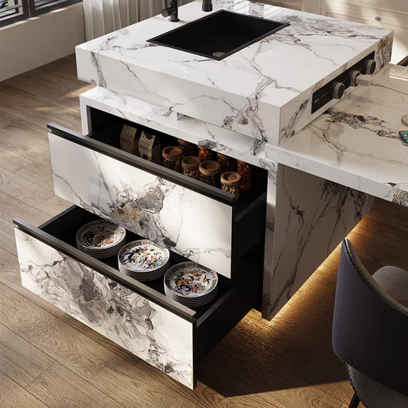 Utilità di estensione delle isole da cucina con piano in marmo nordico Gambe da 75 cm Isole da cucina regolabili Mobili moderni di lusso Islas De Cocina