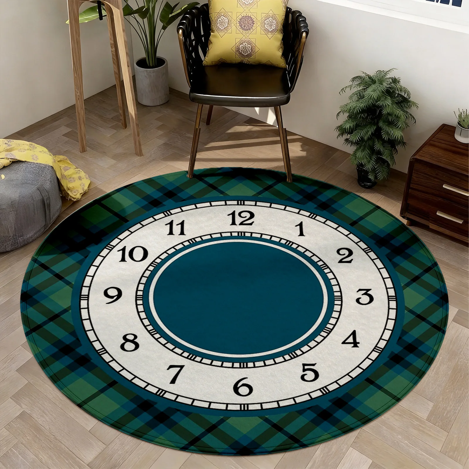 Modern Round Clock Face Area Rug for Living Room Decor Blue Green Teal Timepiece Design Mat Stylish Floor Carpet