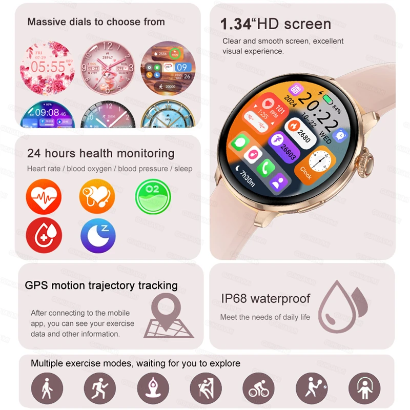 Smartwatch damski 2026, nowy model, modny, z ekranem AMOLED HD, GPS, funkcją pomiaru tętna, połączeniami Bluetooth, wodoodporny, idealny na zewnątrz. — zdjęcie 4