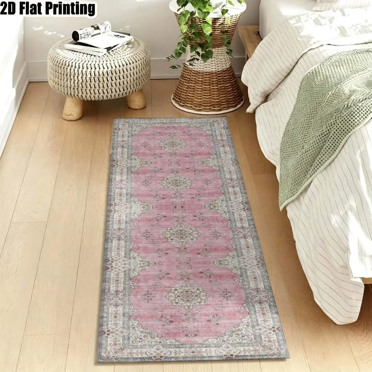 1Pc 2D Printed Long Strip Rug, Pink Floral Geometric Pattern Vintage European-Style, Machine Washable, Multi-Size, Suitable for Entrance, Hallway, Bedroom, Kitchen Home Decor.
