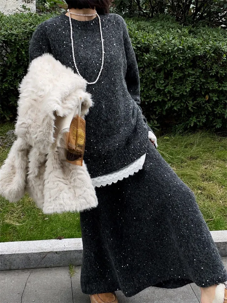 

Korean Sle Anti-Aging Women's Faion Set ey Sweater And Beautiful Skirt Long Sve round Ne Spring Outfit