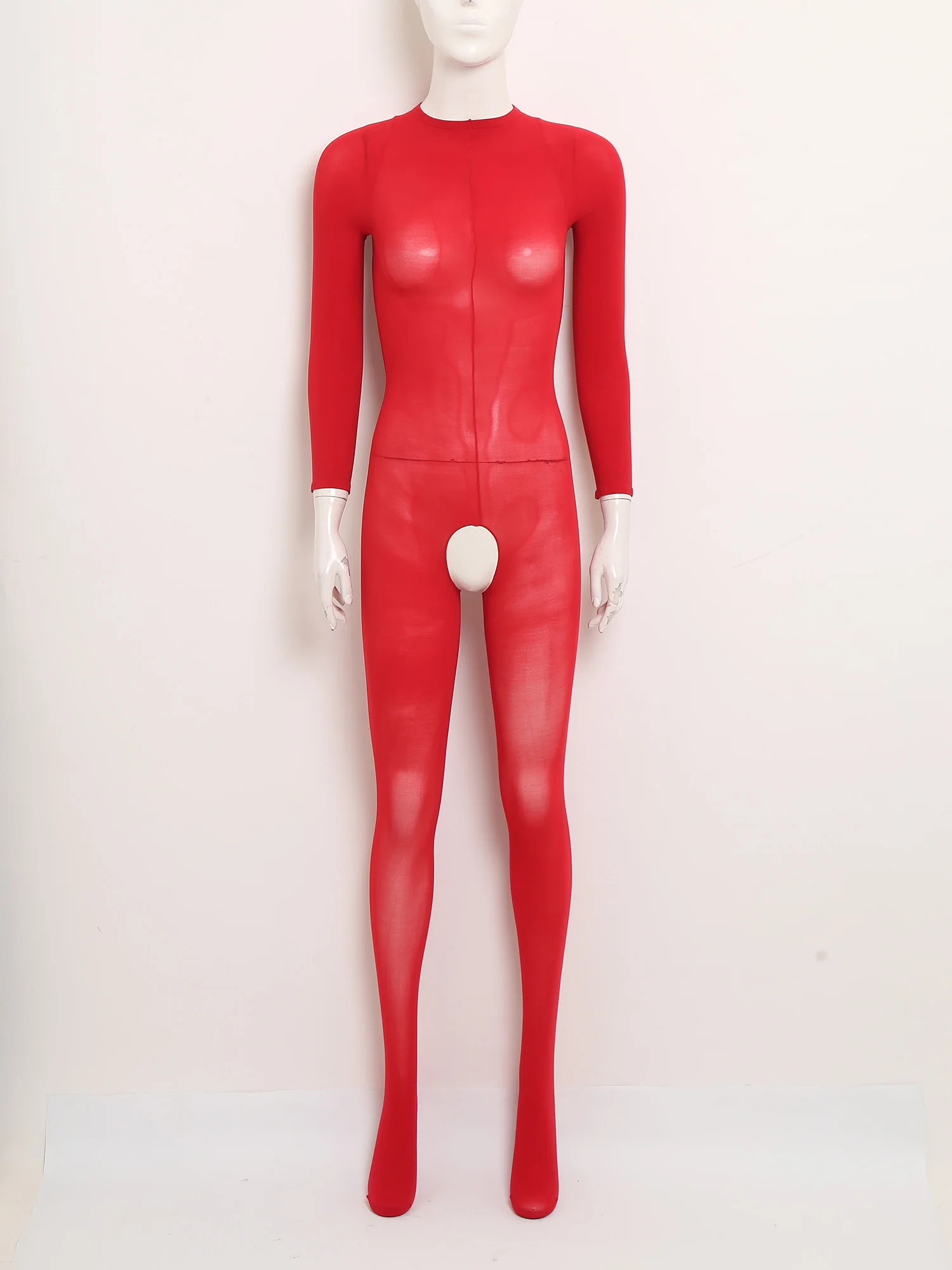 Women Glossy See Through Unitard Jumpsuit Sexy Back Hollow Out Open Crotch Butt Long Sleeve Footed Catsuit One Piece Nightwear