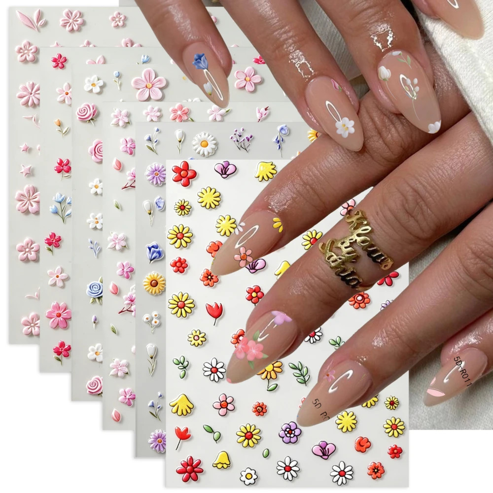 6Pcs 5D Embossed White Pink Flower Nail Stickers Daisy Sunflower Rose 5-petal Floral Self‑Adhesive Nail Decals Summer Nail Suppl