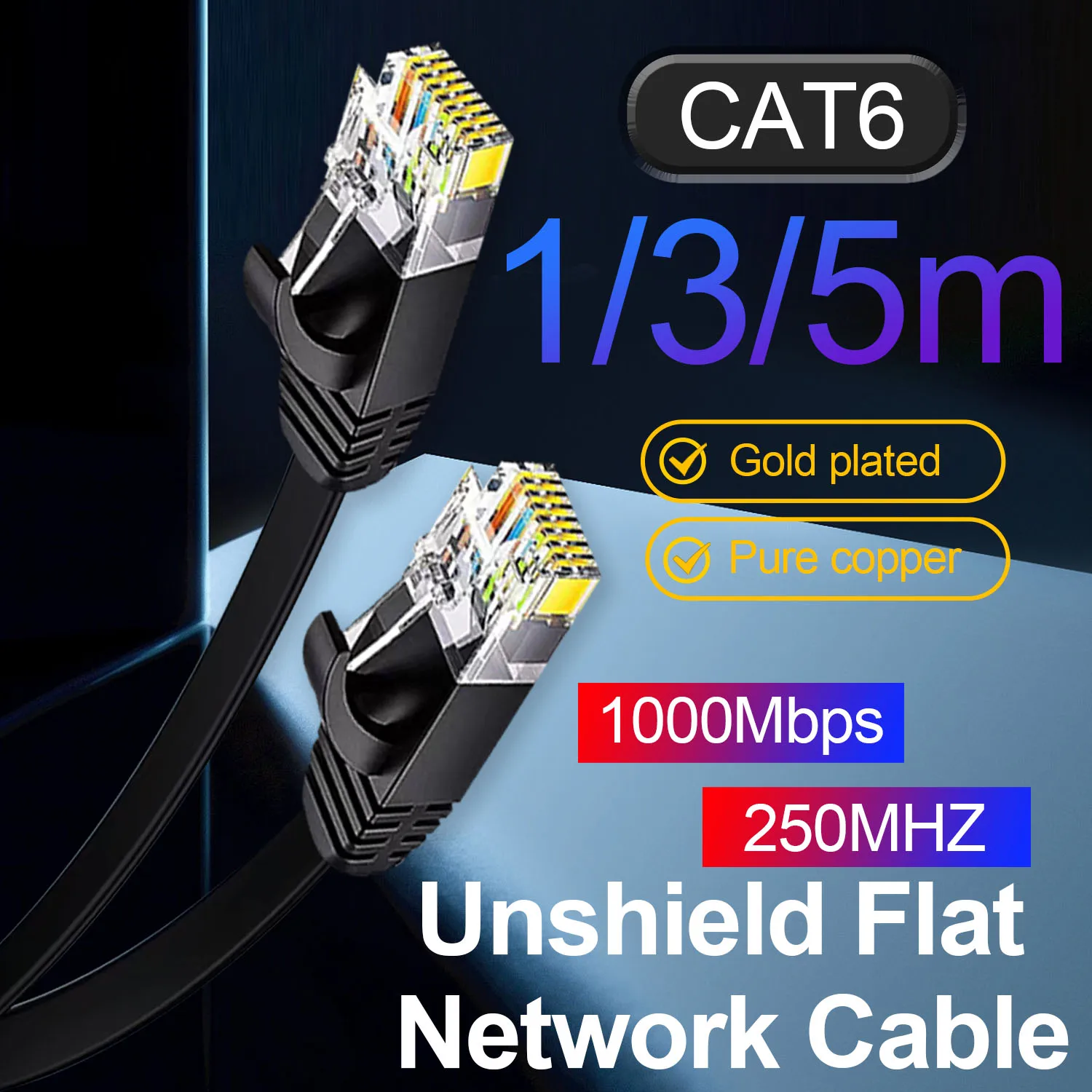 CAT6 Flat Unshielded Network Cable 1000Mbps 250MHz RJ45 Network Cable 32AWG Internet Cord Pure Copper UTP  for Computer