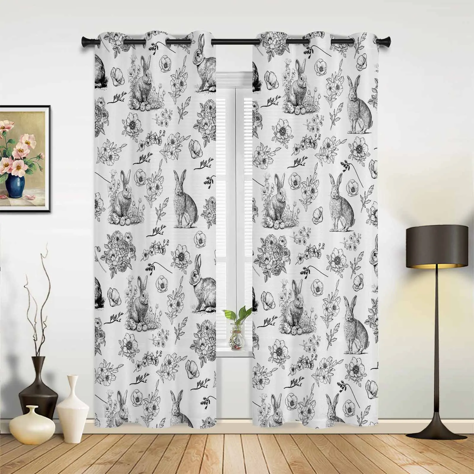 Hand Drawn Rabbit Flower Black And White Modern Window Curtains for Living Room Luxury Bedroom Blinds Drapes Kitchen Curtains