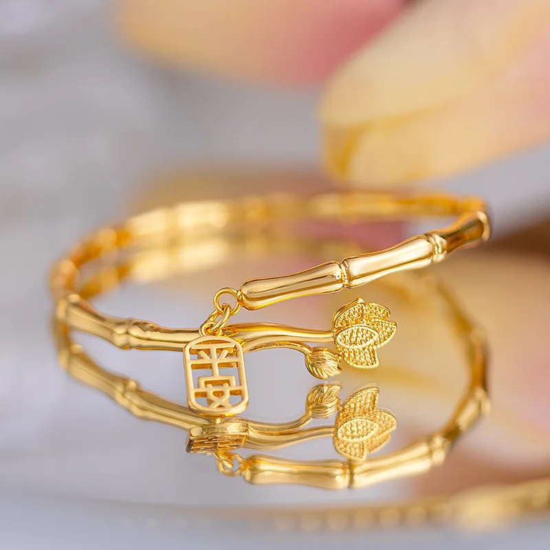 Minority senior sense of national style bamboo to protect peace bracelet gold plated k gold lotus bamboo ring bracelet 9999gold