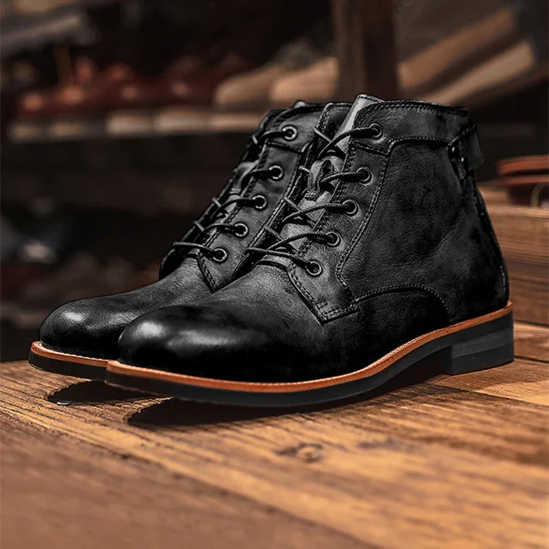 Zapatos Retro de cuero para hombre, botas de trabajo marrones con cordones, planos, informales, cómodos, elegantes, nuevos