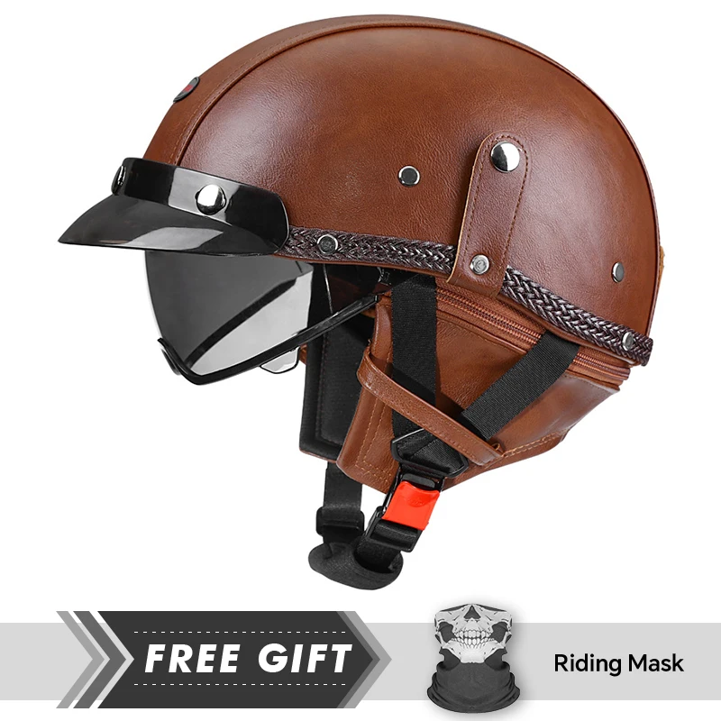 Leather Half Face Helmet Motorcycle Helmet Men Women Adult 1/2 Half Helmet DOT Approved Retro Vintage Low Profile Open Half Helm