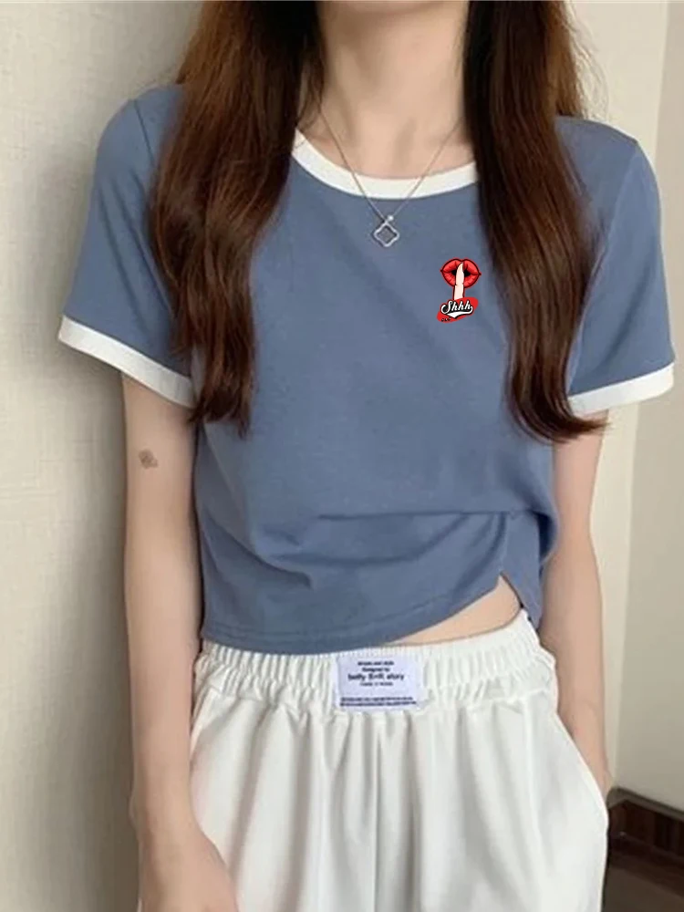 Women's Fashionable Slimming Cropped T-Shirt Short Sleeves Color Blocking Round Neck Summer New Style Smooths Your Silhouette