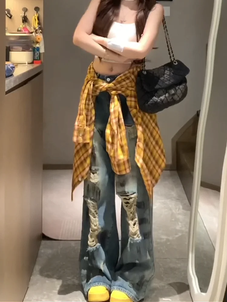 

American High Street Sexy Girl Hole Dir Straight Leg Jeans Women's Spring Summer New Loose Slim High Waist Wide Leg Pants