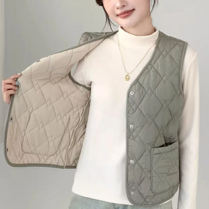 سترة نسائية مبطنة بنمط الماس بدون أكمام سترة واحدة الصدر للخريف والشتاء سترة طبقات عصرية يومية Trafizaran #4
