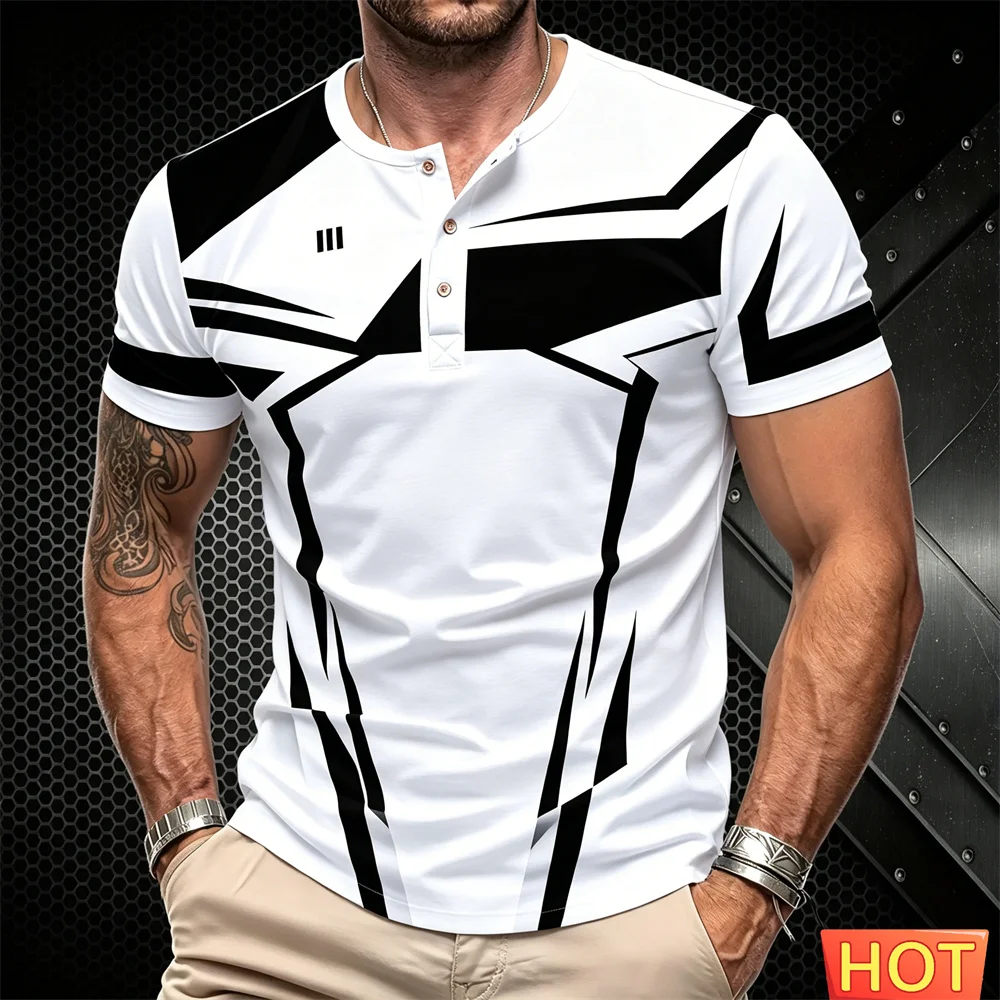 Men's Henry T-shirt Plus Size Short Sleeve T-Shirt 3D Irregular Graphic Sports Henry shirt Wear for Sports Fitness Man's T-Shirt