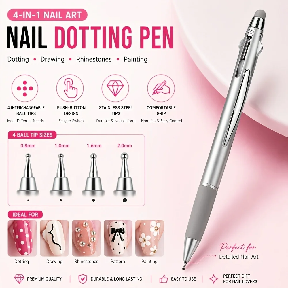 1PC 4-in-1 Nail Art Dotting & Rhinestone Picker Pen, Multi-Head Tool for Painting and Crystal Placement