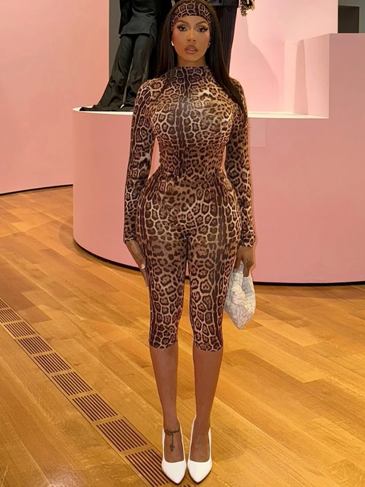 Nibber Sexy Leopard Print 3-Piece Set Women Headband+Half Turtleneck Full Sleeve t-Shirt+Elastic Waist Short Street Hottie Suits