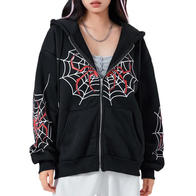 

Women Goth Spider Web Print Hoodies Coat Spring Autumn 90s Vintage Clothes y2k Long Sleeve Tops Zip Up Hoodie with Pockets