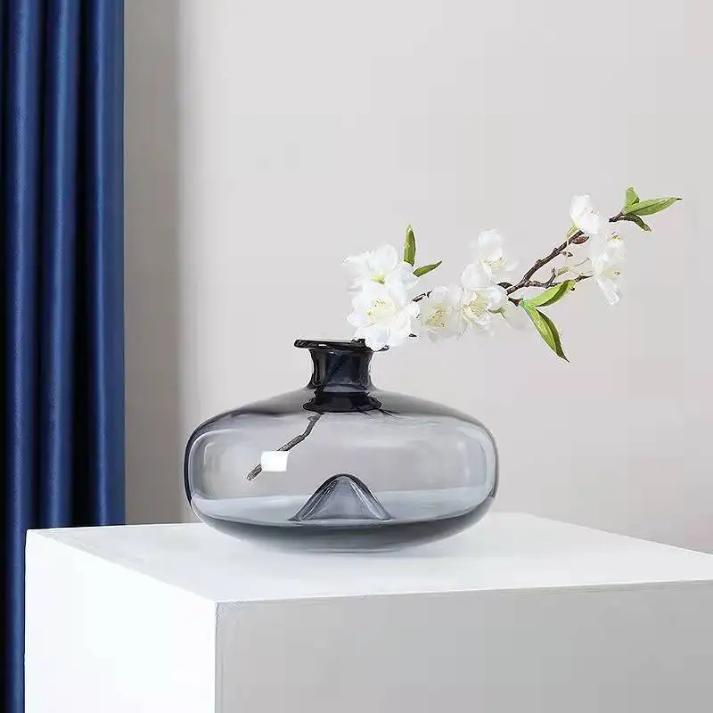 Vase Decoration Living Room Flower Arrangement Water Raised Flowers Blue Round Flat Flower Decoration