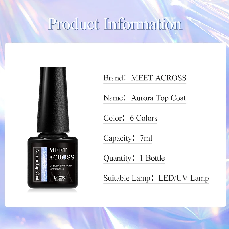 MEET ACROSS 7ML Aurora Top Coat Sparking Aurora Gel Nagellak Semi Permanente UV Gel Functie Top Coat voor Nail Art Gel Vernis