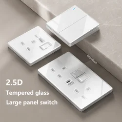 White Tempered Glass 2Way Wall Light Switch, UK Wall 18W Type-C Fast Charging USB Socket, Universal Electrical Outlet Plug 220V