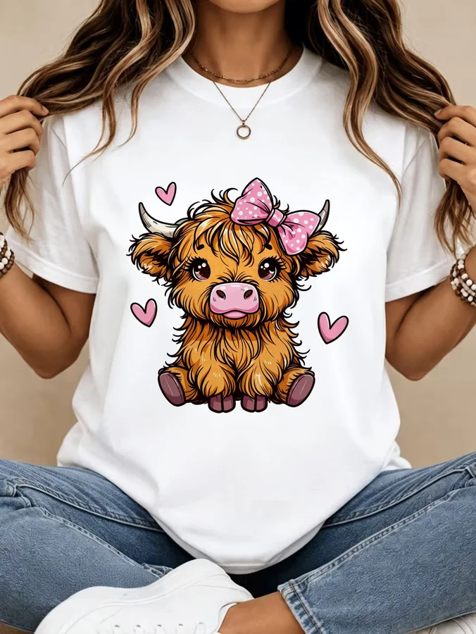 Cute Highland Cow Print T Shirt Women Kawaii Bow Knot Graphic Tees Casual Short Sleeve Crewneck Black Top Female Clothing