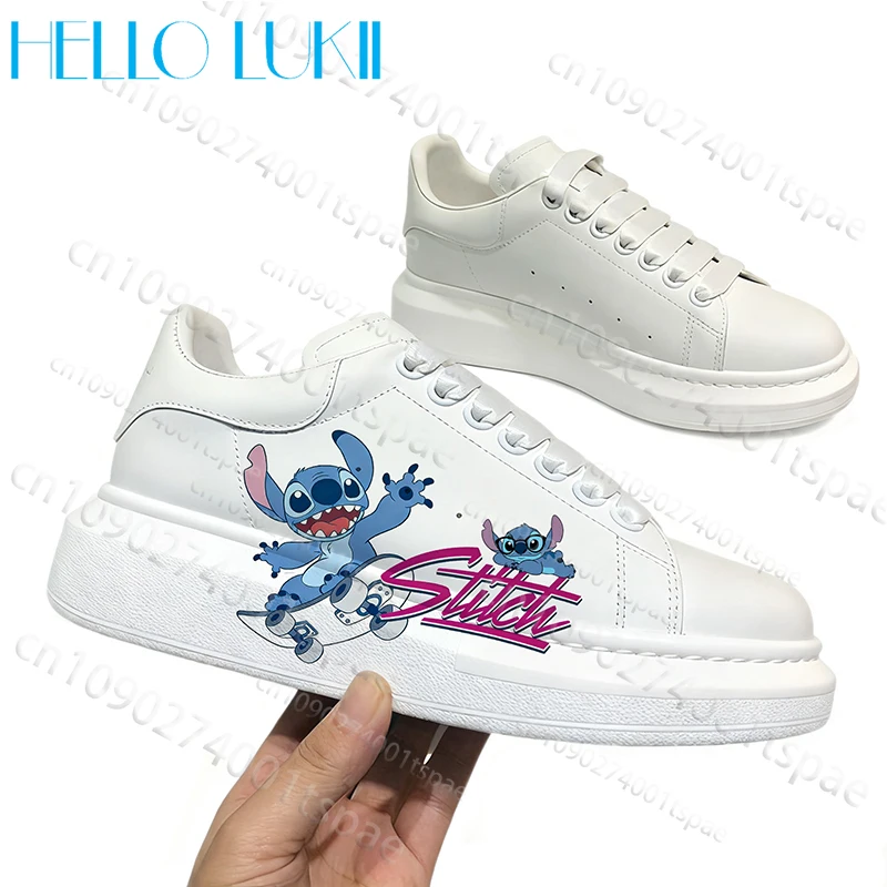 

2026 Hot Selling Stitch Adult Leisure Board Shoes Man Woman Simple Thick Sole Cartoon Couple Print White Shoes Suitable Gift