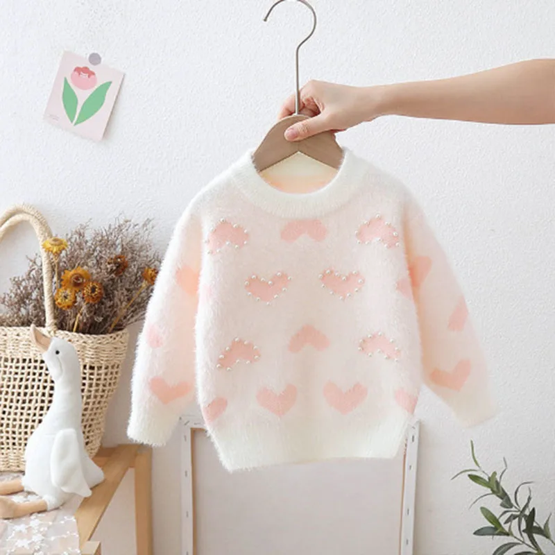 Cozy Girls Fleece Sweater Love Pattern Kids Autumn Winter Thickened Pullover Fashion Beaded Sweaters for Princess Girl GY10121