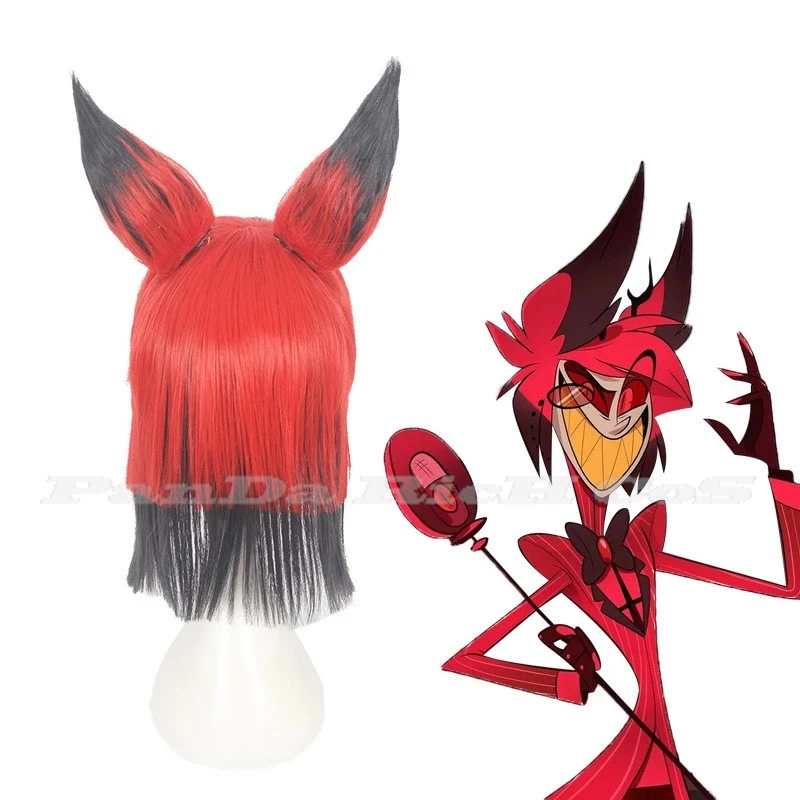 Anime Hazbin Cosplay Hotel Alastor Pruik Met Oor Cosplay Pruiken Mannen Vrouwen Hallowen Cosplay Pruiken Rode Zwarte Pruik