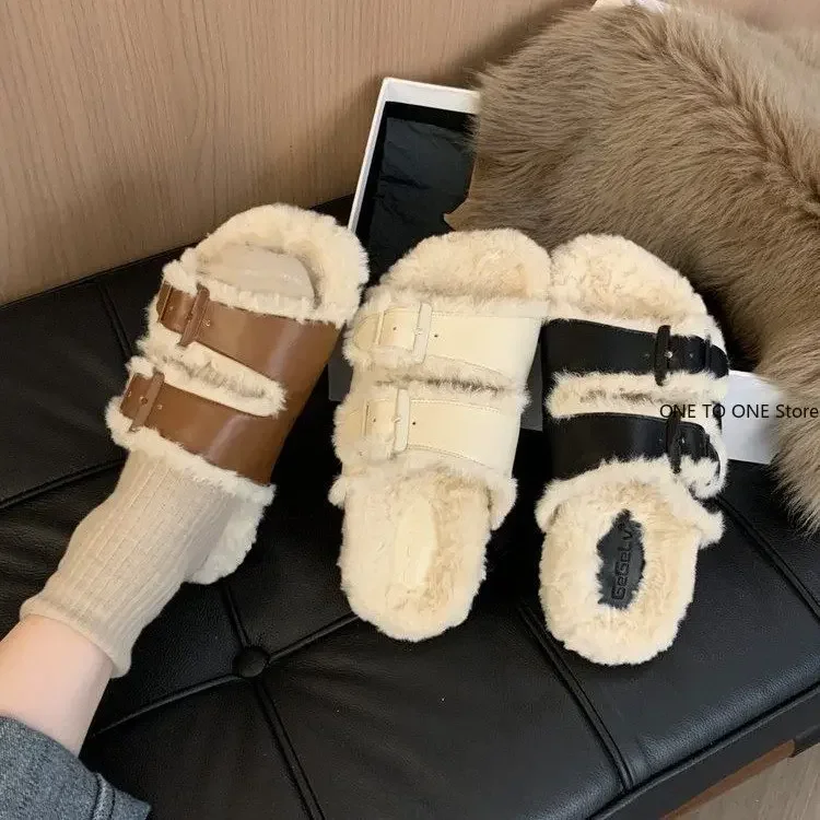 Womens Slippers Outdoor Slides Pantofle Flock Platform Fur Flip Flops 2025 Flat Plush Autumn Fabric Rome Shoes House Med Shoes image 2