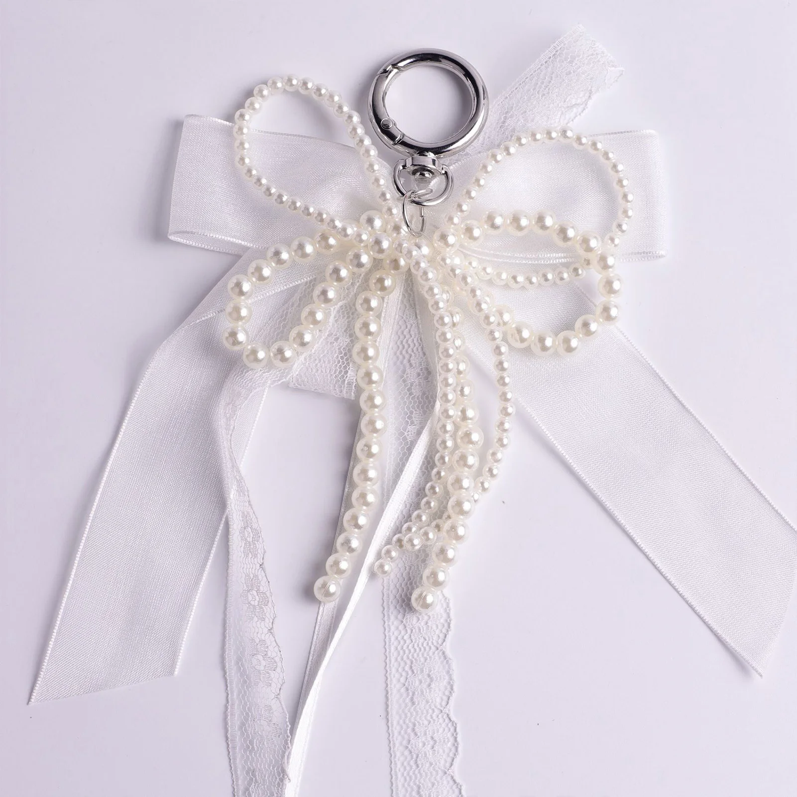Pearl Bows Backpack Key Rings Pendant Bag Double Layer Bows Keyring Pearl Lace Pearl Beads Sturdy Key Holder for Backpacks