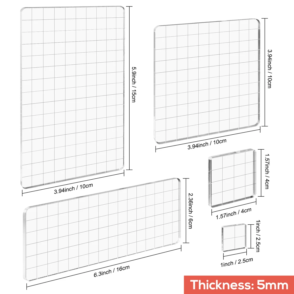 Blocco per timbri in acrilico da 5 pezzi Set di strumenti per timbratura trasparente da 5mm con linee di griglia per Scrapbooking fai da te