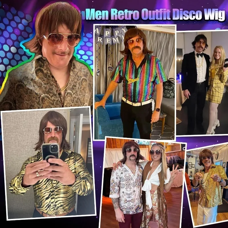 Peruka Fun Shack Brown Octopus dla mężczyzn, styl retro rockera z lat 60. z naszyjnikiem z wąsami i okularami, cosplay zespołu rockowego na imprezę disco z lat 70.