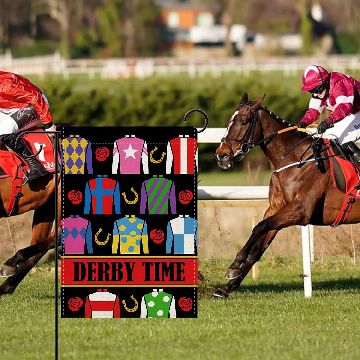 Dyrenson Derby Time Decorative Garden Flag, Kentucky Horse Racing Jockey Clothes Yard Outside Home Decorations, Rose Horsesh YYD