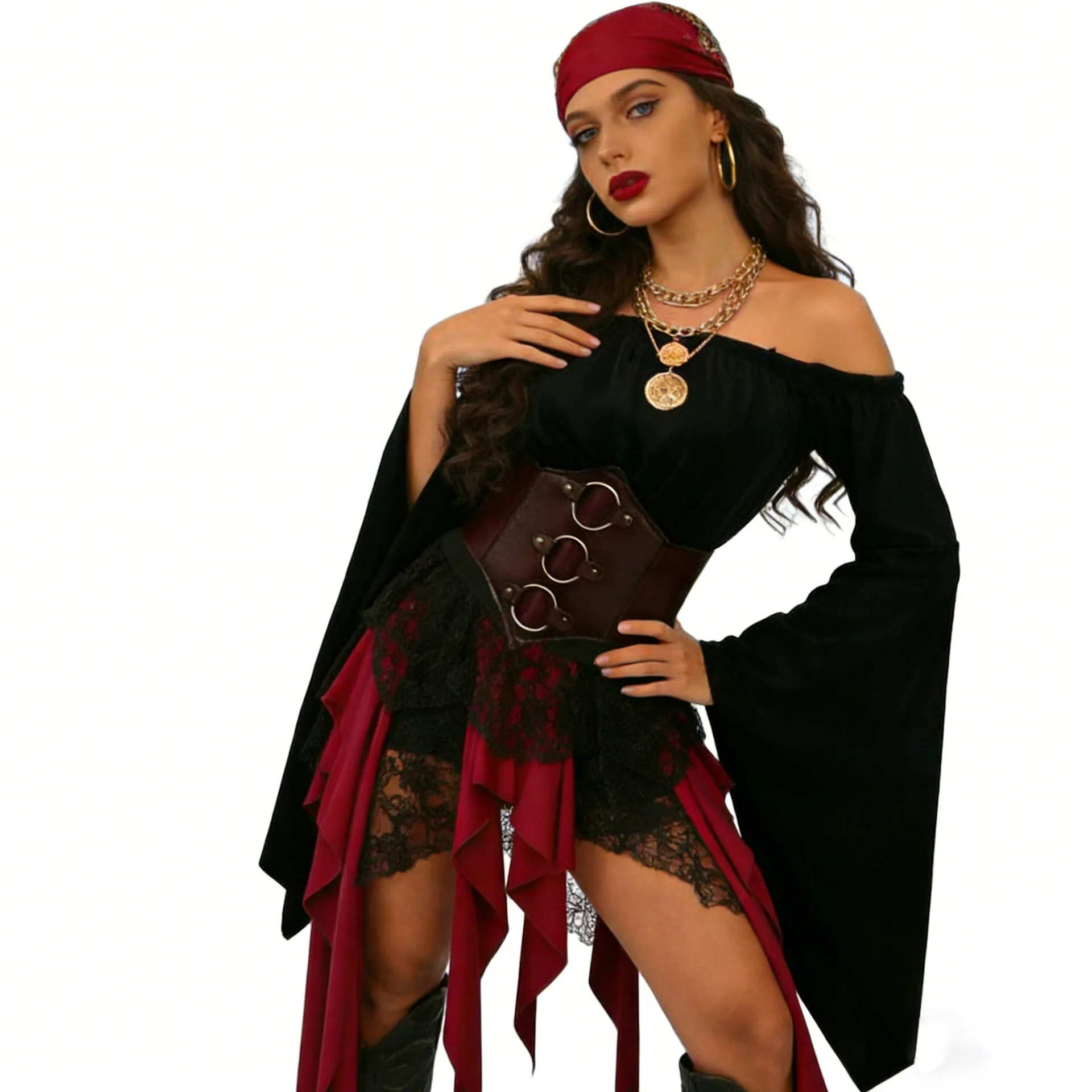 Halloween Pirate King Cosplay Costume Medieval Navigator Top Skirt Accessory Set Carnival Party Role Playing Outfit for Women