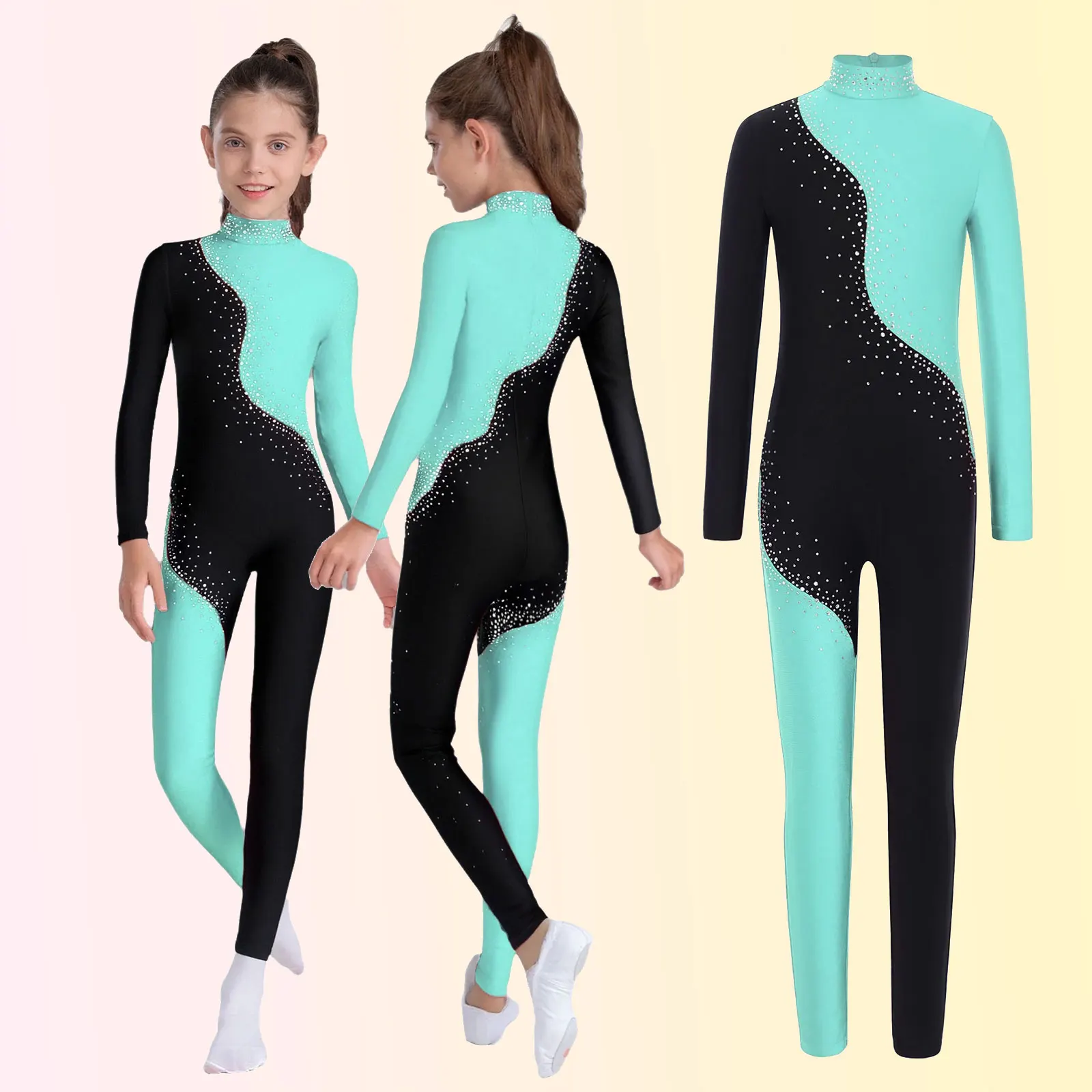 

Kids Long Sleeve Rhinestone Full Body Unitard Bodysuit Dancewear Girls Rhythmic Gymnastics Leotards Skating Performance Jumpsuit
