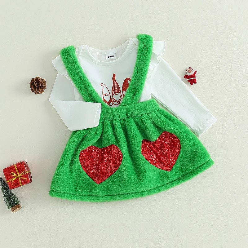 Suefunskry Newborn Baby Girl Christmas Bodysuit Set Cartoon Gnome Letter Print Long Sleeve Romper + Suspender Skirt 0-24Months