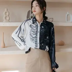 Y2K stylish blouses skull printing shirts lantern Sleeve with lace decor shirts blouses casual loose streetwears Blusas Mujer