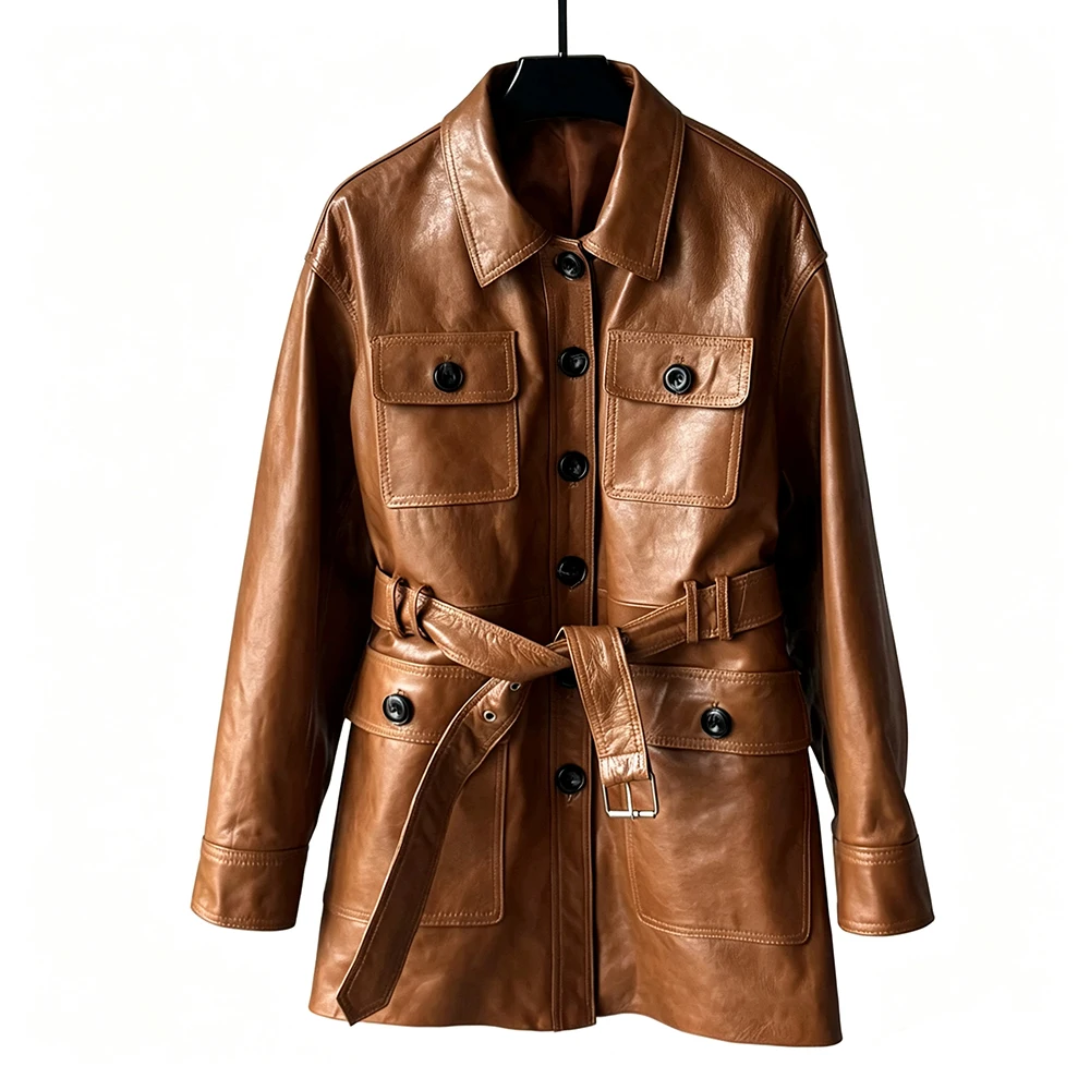 Genuine Oil Waxed Leather Jacket 2026 New Lapel Mid‑Length Single Breasted Belt Coat With Big Pockets Women Real Leather Jackets