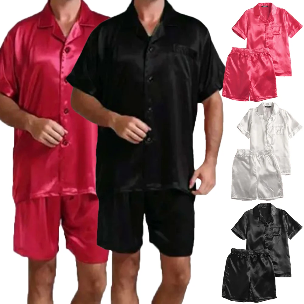 

Men's Sexy Smooth Satin Silk Pajamas Set Short-sleeve Top+Shorts Pajamas Set Solid Color Leisure Home Wear Buttoned Shirt&Shorts