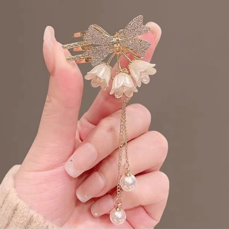 Rhinestones Lily Of The Valley Tassel Hairpin Luxurious Artificial Pearls Fashionable Hair Claw For Women