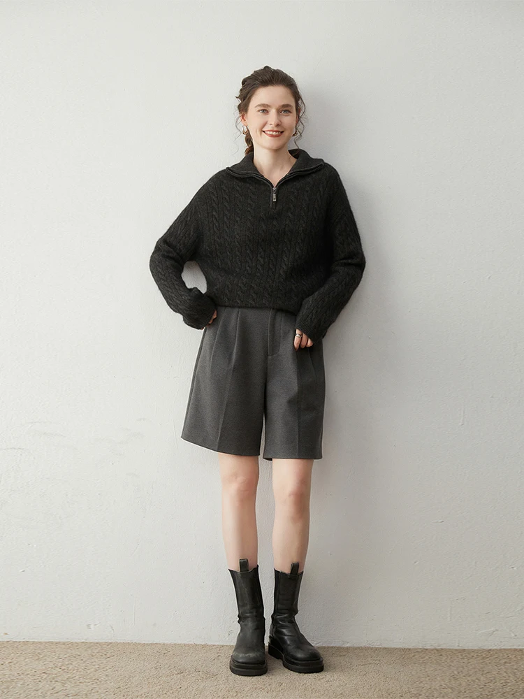 

New Chic Thick Cable Stitch Sweater Autumn Winter Women's 100% Cashmere Knitwear Zipper Polo Collar Casual Turtleneck Pullover