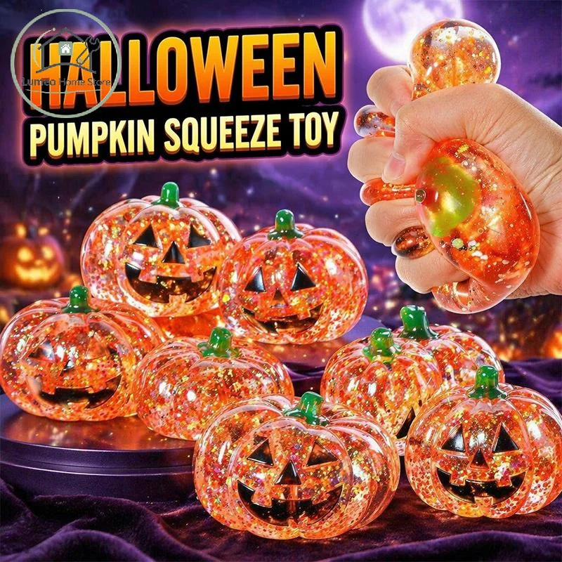 Halloween Squeeze Glitter Pumpkin Toy Soft  Stress Relief Fidget Toy for Kids Preschool Rewards Trick or Treat Gifts